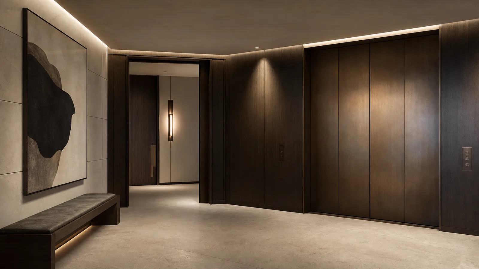 Directional mood image of a residential lift lobby in stone and dark timber