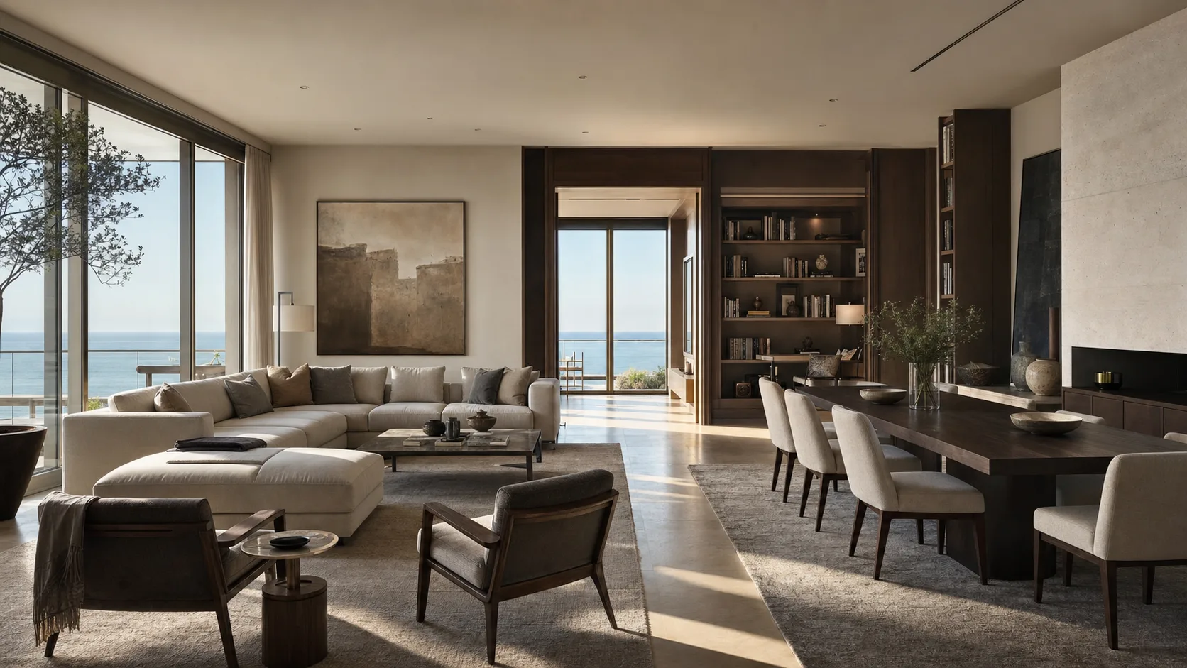 Directional mood image of an ocean-facing living and dining room prepared for guests