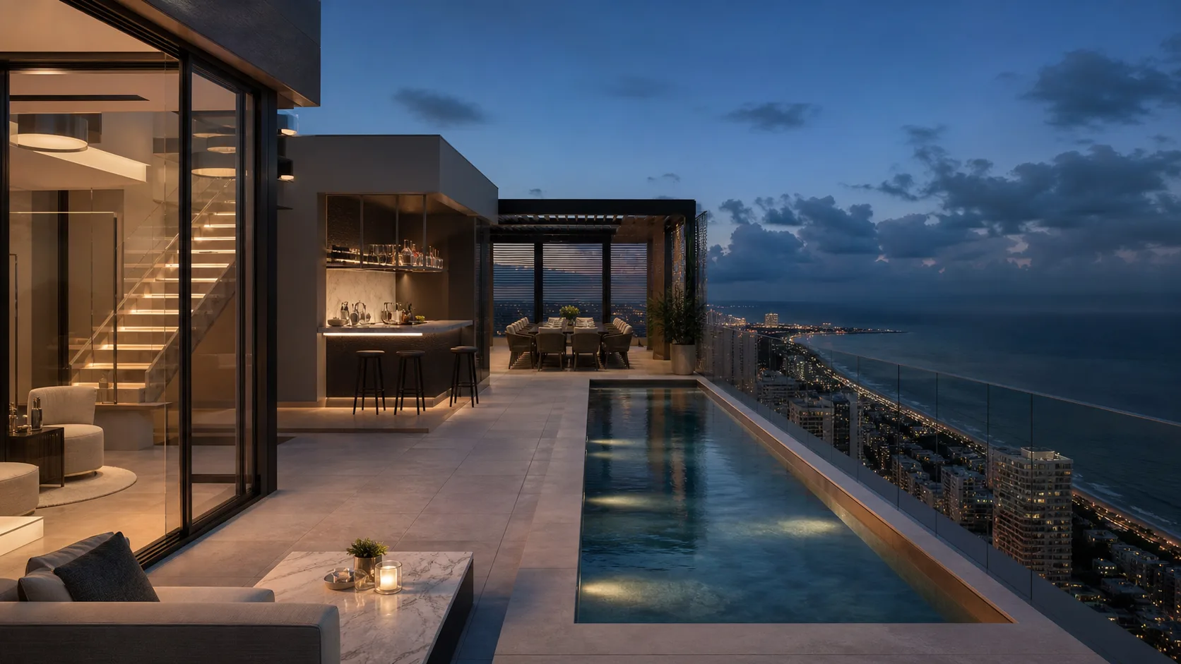 Directional mood image of a rooftop pool terrace above the coastline at dusk